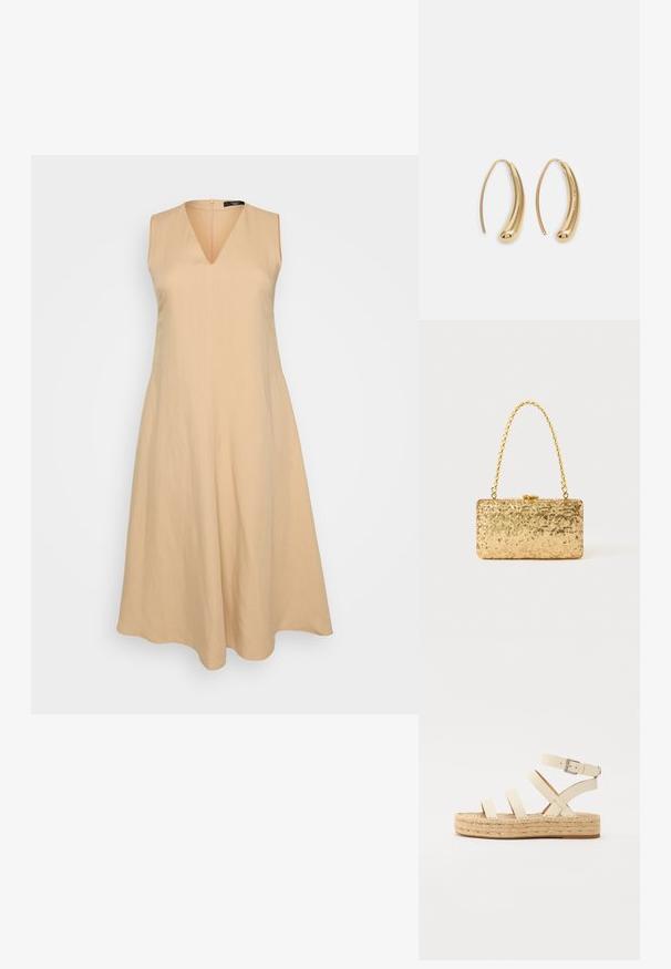 Bézs ujjatlan ruha V-nyakkal, ami a deréktól bővül, könnyű anyagból készült, hátsó cipzárral záródik.; Világos bézs bőr espadrille szandál négy keresztpánttal és bokapántos csattal, fonott juta platform talppal és lapos gumi talppal.; Arany flitteres clutch táska, téglalap alakú, csavart lánckarabinerekkel és fém záródással, mely fényt tükröz a textúrált felületének köszönhetően.; Aranyszínű fémből készült karika fülbevalók ívelt, hosszúkás formával. Simaságával és fényes felületével, valamint lekerekített végével további részletekkel bővül.