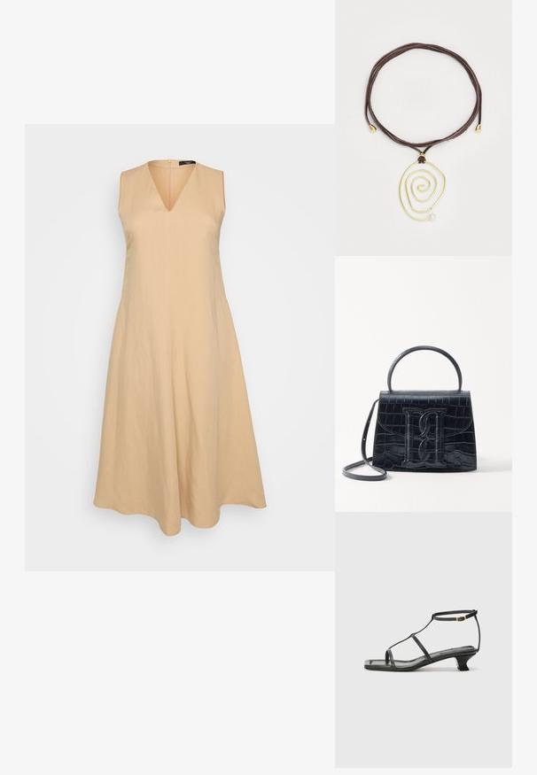 Beige sleeveless dress with a V-neck, flares from the waist, made from a lightweight fabric, featuring a back zipper closure.; Black leather sandal with a square toe, thin straps, adjustable ankle strap, and a low heel. Features a small gold accent on the strap.; Black crocodile-embossed leather handbag with a structured design, top handle, adjustable strap, and a prominent front logo detail.; Gold spiral pendant with a white pearl on brown leather cord. Pendant features smooth, flowing lines and metallic accents.