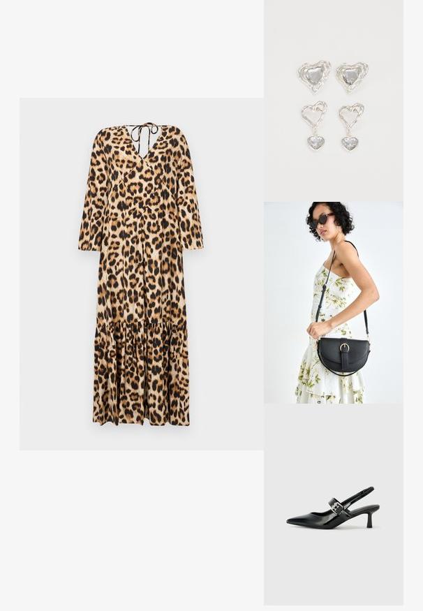 Robe en imprimé léopard avec un décolleté en V, des manches longues et un ourlet froncé en plusieurs niveaux. Fabriquée à partir d'un tissu lisse. Présente un détail de lien au dos.; Escarpins slingback en cuir verni noir avec un bout pointu et un petit talon bloc, mettant en avant un accent en boucle argentée sur la sangle.; Sac à main en cuir noir avec une forme courbée, bandoulière amovible et des accessoires en or. Le sac est doté d'un rabat avec un détail de boucle.; Des boucles d'oreilles en argent en forme de cœur présentent des pierres claires facettées, avec un cadre texturé. L'ensemble comprend des styles à clou et des styles pendants.