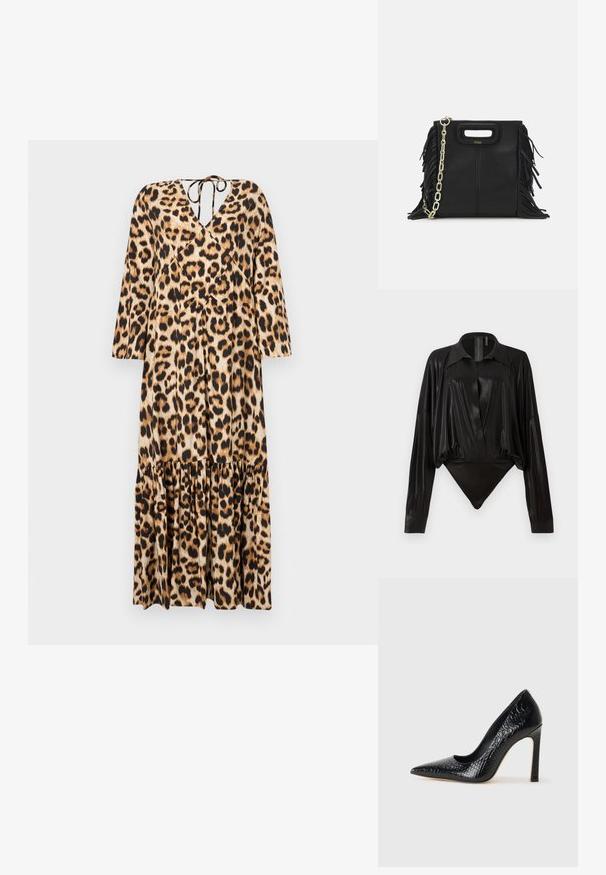 Šaty s leopardím vzorom, s výstrihom do V, dlhými rukávmi a volánovým spodným lemom. Vyrobené z hladkej tkaniny. Obsahujú detail s viazaním na zadnej strane.; Čierny body s dlhými rukávmi, výstrihom do V a priliehavým strihom. Vyrobené z lesklého, hladkého materiálu so štruktúrovaným golierom a manžetami.; Čierna lodička s špicatou špičkou a lakovanou textúrou krokodíla, s elegantným dizajnom, vysokým stiletto podpätkom a hladkým čiernym interiérom.; Čierna kožená kabelka s strapcami, zlatým reťazovým ramenným popruhom a vykrojenou rukoväťou. Na prednej strane sa nachádza logo.