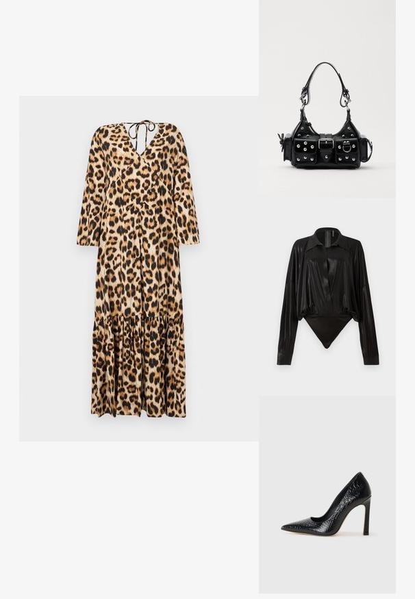 Rochie cu imprimeu leopard, cu decolteu în V, mâneci lungi și tiv în volane în straturi. Fabricată dintr-un material fin. Prezintă un detaliu cu fundă la spate.; Body negru cu mâneci lungi, decolteu în V și o siluetă ajustată. Fabricat dintr-un material lucios și neted, cu guler structurat și manșete.; Pantofii cu toc înalt, ascuțiți, de culoare neagră, cu textură de piele de crocodil, având un design elegant, toc în stil stiletto și interior neted de culoare neagră.; Geantă de piele neagră cu un design curbat, dotată cu studuri argintii, o cataramă și două buzunare laterale. Curea ajustabilă pentru opțiuni de transport.