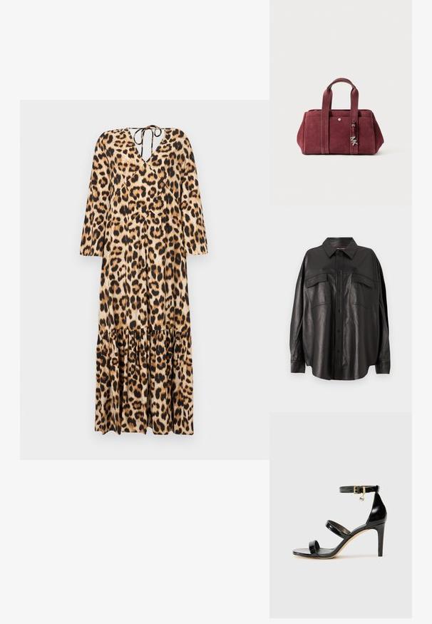 Leopardenmuster-Kleid mit V-Ausschnitt, langen Ärmeln und gestuftem Volantsaum. Hergestellt aus einem glatten Stoff. Verfügt über eine Krawattenapplikation im Rücken.; Schwarzes Lederhemd mit durchgehender Knopfleiste, spitzem Kragen und zwei Brusttaschen. Hat eine lockere Passform und eine glatte Textur.; Schwarze Lackleder-Sandale mit drei Riemen, Knöchelriemen und 10 cm hohen Stiletto-Absatz. Verfügt über goldfarbene Hardware-Details und ein Logo-Charm.; Burgunderfarbene Wildlederhandtasche mit zwei oberen Tragegriffen, Reißverschlussöffnung, Vordertasche und metallischem Schmuckakzent. Rechteckige Form mit weicher Textur.