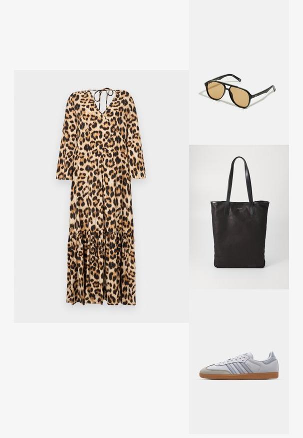 Sukienka w panterkowy wzór z dekoltem w kształcie litery V, długimi rękawami i warstwowym, falbaniastym dołem. Wykonana z gładkiego materiału. Z tyłu znajduje się detal w postaci wiązania.; Białe skórzane trampki z jasnoniebieskimi akcentami, szarym zamszowym noskiem i brązową gumową podeszwą. Posiadają trzy niebieskie paski oraz logo "Samba".; Czarne okulary przeciwsłoneczne z brązowymi szkłami; prostokątny kształt z grubą oprawą, z delikatnymi akcentami na zausznikach.; Czarna torba na ramię z czarnymi skórzanymi uchwytami. Prosty design, pojemne wnętrze i gładka faktura. Bez widocznych logo ani wzorów.