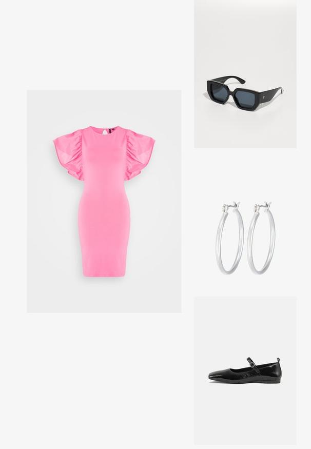Różowa, dopasowana sukienka z krótkimi, bufkowymi rękawami z miękkiego materiału. Posiada okrągły dekolt i otwór w kształcie łezki z tyłu.; Czarne lakierowane baleriny z ostro zakończonym noskiem, paskiem na kostkę z klamrą oraz gładką, błyszczącą teksturą. Niski obcas dla wygody.; Czarne, oversize okulary przeciwsłoneczne o geometrycznym wzorze, prostokątne soczewki i błyszczące wykończenie. Brak widocznych oznaczeń na przedniej części.; Srebrne kolczyki w formie kółek o gładkim, polerowanym wykończeniu. O okrągłym kształcie i pewnym zapięciu na klik. Lekka konstrukcja odpowiednia do codziennego noszenia.