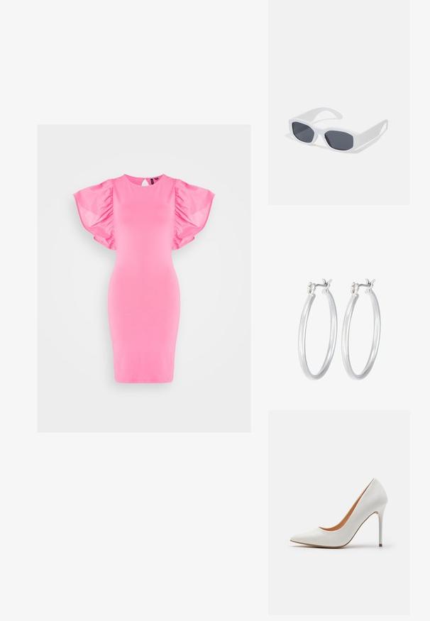 Rožinė aptempta suknelė su trumpomis pūstomis rankovėmis, pagaminta iš minkštos medžiagos. Yra apvalus iškirpimas ir atvira nugaros dalis.; Baltas patentinės odos aukštakulnis batelis su smailiu pirštu ir siaura stileto pakulne, turintis glotnią tekstūrą ir smėlio spalvos vidų.; Baltos stačiakampės saulės akinių rėmeliai su tamsiais lęšiais, lygiu matinio paviršiaus apdaila ir storiu, kampuotu dizainu.; Sidabriniai auskarai su sklandžiu, poliruotu paviršiumi. Apvalios formos ir saugus uždarymo mechanizmas. Lengvas dizainas, tinkantis kasdieniam dėvėjimui.