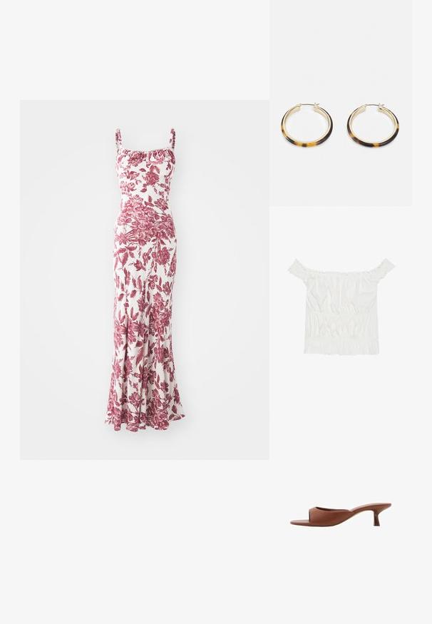 sandro JOSELLE - Velika haljina - blanc/rouge; Bijela bluzica bez naramenica s volanima, naboranom teksturom i elastičnom gumicom u struku. Izrađena od mekanog pamučnog materijala.; Smeđe sandale s otvorenom nožnom prstom i potpeticom, s glatkom, mat završnom obradom, koje imaju zakrivljen dizajn i prozirnu, suženu potpeticu.; Zlatne hoop naušnice s vanjskim rubom od smole s uzorkom kornjače, s glatkom završnom obradom i elegantnim, kružnim oblikom.
