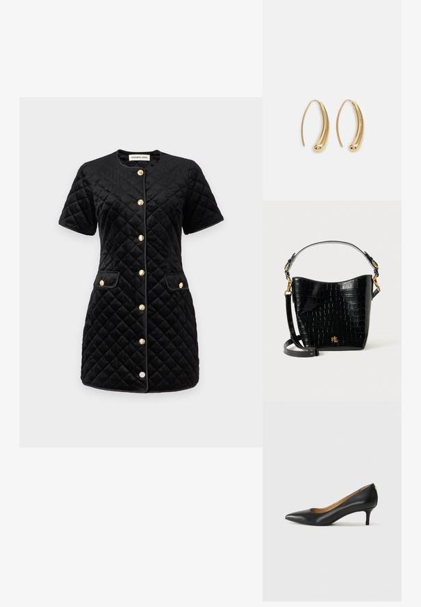 Abrigo acolchado negro de manga corta con cuello redondo, botones dorados y dos bolsillos frontales, que presenta una tela lisa y texturizada.; Zapato de tacón negro de cuero con punta afilada, tacón bajo y textura suave. Presenta una ligera apertura en la parte frontal y un hardware minimalista en la parte trasera.; Bolso de cuero negro con estampado de cocodrilo, de forma curvada, con detalles de hardware dorado, una correa ajustable y un logo en la parte frontal.; Pendientes de aro de metal en tono dorado con una forma curva y alargada. Presentan una superficie lisa y brillante y una punta redondeada para mayor detalle.