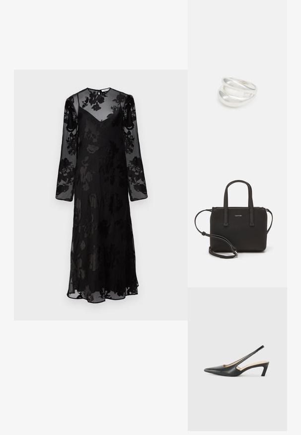 Čierne kvetinové šaty s dlhými rukávmi a priesvitnou vrstvou. Okrúhly výstrih a splývavý strih, so slabým kvetinovým vzorom po celom povrchu.; Čierne slingback topánky s ostrou špičkou a nízkym opätkom, vyrobené z hladkej kože a s výrezmi na boku pre lepšiu priedušnosť.; Čierna kabelka s dvojitými krátkymi rúčkami a odnímateľným ramenným popruhom. Hladký materiál podobný koži s uzatváraním na zips a detailom loga.; Strieborný prsteň s dvojitým pásikom s hladkým, lesklým povrchom. Má plynulý, zakrivený dizajn s prekryvajúcimi sa časťami pre moderný vzhľad.
