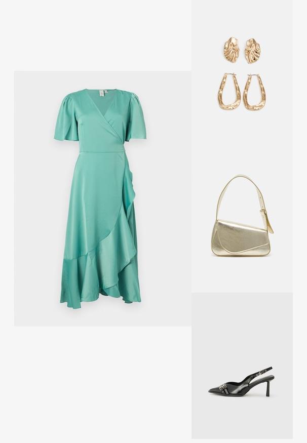 Τουρκουάζ φόρεμα με καπάκια μανίκια, ρέουσα ύφανση, ασύμμετρο στρίφωμα και λεία υφή. Διαθέτει βαθύ V-λαιμό.; Μαύρο παπούτσι slingback από πατέντο δέρμα με μυτερή μύτη, λουράκια στον αστράγαλο που διαθέτουν ασημένιες αγκράφες και μεταλλικά στοιχεία, και λεπτό τακούνι.; Χρυσή μεταλλική τσάντα χειρός με δομημένο σχέδιο, λεία υφή και ρυθμιζόμενο λουρί. Διαθέτει μοναδικό τριγωνικό σχήμα και μινιμαλιστική ραφή.; Χρυσά σκουλαρίκια με υφή, κυματιστά σχήματα. Περιλαμβάνουν γλυπτικά κλιπ-σε σκουλαρίκια και σχέδιο ανοιχτού σκουλαρικιού με σφυρήλατη επιφάνεια.