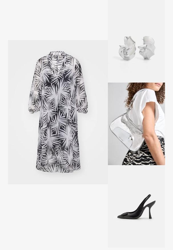 Diane von Furstenberg ILEANA DRESS - Freizeitkleid - black; Schwarzer Leder-Slingback-Schuh mit spitzem Zehenbereich, schlankem High Heel und dekorativem Schleifenakzent. Glatte Textur und elegantes Design.; Silberne metallische Schultertasche mit glatter Textur, geschwungenem Design, Kettenriemen und einer glänzenden Vorderseite mit einer dezenten Logo-Gravur.; Silberohrringe mit einem fließenden, spiralförmigen Design. Glatte Textur mit polierter Oberfläche. Verfügt über einen subtilen Glanz und keine sichtbaren Verzierungen.