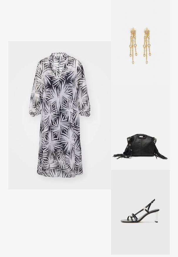 Diane von Furstenberg ILEANA DRESS - Rochie de zi - black; Sandale negre cu toc înalt, cu mai multe curele înguste, design slingback și un accent argintiu pe toc. Material superior neted și toc pătrat.; Maje MISS MINI - Geantă crossbody - noir; Cercei aurii cu multiple lanțuri suspendate, având accente din rhinestone ovale clare și capete decorative cu tighel.
