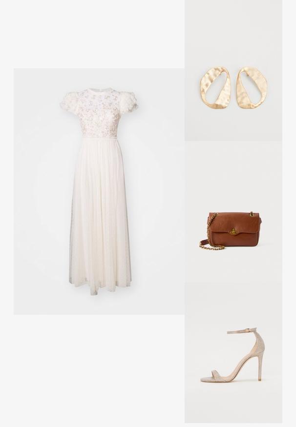 Needle & Thread DAHLIA DITSY BODICE ROUND NECK ANKLE GOWN - Occasion wear - cream; Strappy high-heeled sandal in metallic rose gold, featuring a textured upper, open toe, and ankle strap with a gold buckle detail.; Brown leather crossbody bag with a flap closure, gold hardware, and a chain strap. Smooth texture, rectangular shape, minimal detailing.; Pair of irregular oval-shaped gold-toned metal earrings with a textured, slightly hammered surface on a white background.