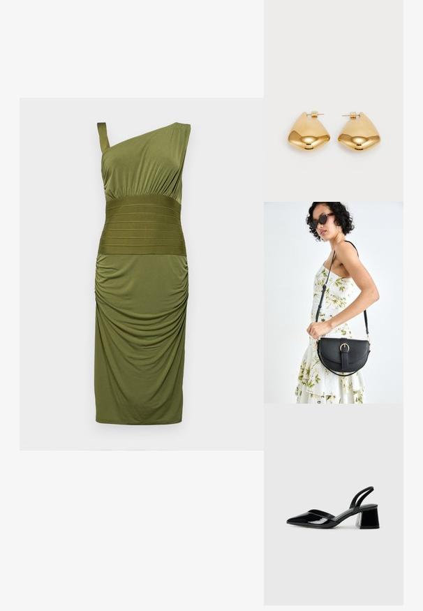 Vieno peties oliviškai žalia suknelė, pagaminta iš džersio audinio. Yra surinkta tekstūra ir kontrastinga horizontali juosta juosmenyje. Lygus paviršius.; Juodos lakuotos odinės šlepetės su smailiu pirštu ir geometriniu bloko kulnu. Turi elegantišką, minimalistinį dizainą ir lygų paviršių.; Juodas odinis krepšys su išlenkta forma, nuimamu dirželiu ir auksiniais detalėmis. Krepšys turi kilpą su sagtimi.; Auksinės metalinės auskarai su lygia, suapvalinta trikampio forma ir užsegimu; blizgus paviršius su minimaliais dekoratyviniais elementais.