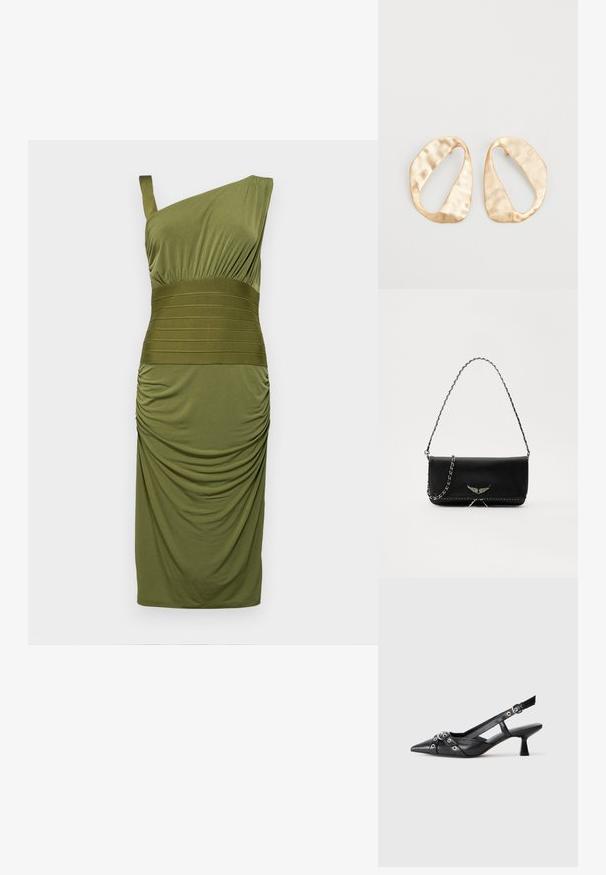 Vaatteet, joissa on yksi olka, oliivinvihreä mekko, joka on valmistettu jersey-kankaasta. Siinä on kerrostettu pinta ja kontrastinen vaakasuora vyötärönauha. Sileä pinta.; Mustat nahkakengät, joissa on avonainen takaosa ja kärjessä terävä muoto, koristevyöt, joissa on metalliset reiät, sekä matala lohkoepohja. Teksturoitu pinta.; Musta nahkalaukku, jossa on hopeaketjuolkaimet, koristelu siipiyksityiskohdilla ja valkoisella ommellulla sauman alareunassa.; Pari epämuodostuneita soikeita kultasävyisiä metallikorvakoruja, joissa on teksturoitu, hieman hakattu pinta valkoista taustaa vasten.
