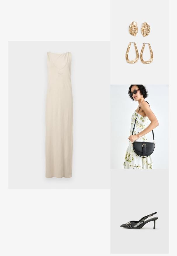 Beebruun, ilma varrukat maksimekk, mis on valmistatud pehmest kangast, ümarate kaelustega ja tikanditega rinnal. Sile tekstuur, maani ulatuv.; Must musta nahk kingad sanga ja terava ninaga, ankle strapidega, millel on hõbedased pandlad ja riistvara ning õhuke konts.; Mustmust mustraha kõverate joontega, eemaldatava rihmaga ja kuldsete detailidega. Kotil on klapp, millel on pandladetail.; Kuldse värvi kõrvarõngad, mis on kaunistatud tekstuursete ja laineliste kujunditega. Komplektis on skulpturaalsed klamber kõrvarõngad ja avatud rõngasdisain, millel on lõhestatud viimistlus.