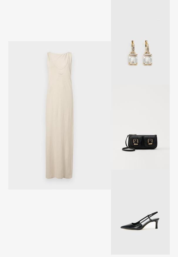 Rochie maxi bej, fără mâneci, confecționată dintr-un material moale, cu guler rotund și detalii brodate în zona pieptului. Textură netedă, până la podea.; Pantofi cu toc slingback negri din patent, cu vârf ascuțit, cu imprimeu de șarpe texturat, curea ajustabilă și toc scurt texturat.; Geantă neagră din piele, tip crossbody, cu două buzunare frontale, catarame aurii, închidere cu fermoar și o curea subțire. Suprafață texturată și formă rectangulară compactă.; Cercei aurii care prezintă un cristal clar, rectangular, suspendat sub un rând de accente mici, rotunde, clare. Design elegant și modern.
