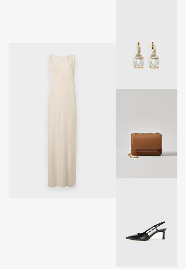Robe maxi sans manches beige en tissu doux, avec un décolleté en forme de rond et des détails brodés au niveau de la poitrine. Texture lisse, longueur jusqu'au sol.; Escarpin slingback en vernis noir avec un bout pointu, présentant un imprimé serpent texturé, une sangle réglable et un petit talon bloc texturé.; Sac en cuir texturé marron en bandoulière avec une sangle en chaîne dorée et une fermeture à rabat. L'avant présente un détail de logo et une poche sous le rabat.; Boucles d'oreilles en or lumineux avec un cristal rectangulaire transparent pendent sous une rangée de petits accents ronds transparents. Design élégant et moderne.