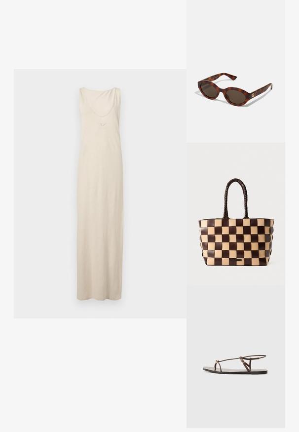 Beige, sleeveless maxi dress made of soft fabric with a scoop neckline and embroidered detailing at the chest. Smooth texture, floor-length.; Brown leather sandal with thin straps, a gold circular accent, and a flat sole. Minimalist design with an adjustable buckle detail.; Tortoiseshell sunglasses with rounded frames, dark lenses, and gold logo detailing on the temples. Smooth plastic material, no visible patterns.; Brown and beige leather tote bag with a woven checkerboard pattern and braided handles on a white background.