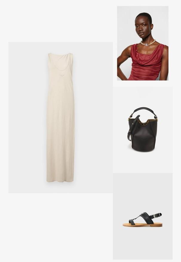 Vestido maxi sem mangas, bege, feito de tecido macio, com decote arredondado e detalhes bordados no peito. Textura suave, até ao chão.; Sandalha preta em couro com fivela ajustável, sola plana em tom de areia e duas tiras largas cruzando sobre o pé, design minimalista.; Saco de mão em pele preta com acabamento texturizado, detalhes em ouro e parte superior aberta. Apresenta uma pega curta e uma alça de ombro ajustável.; Vestido de gola drapeada, de um vermelho profundo, com uma textura suave. Apresenta um colar de pérolas com um detalhe prateado decorativo ao centro.