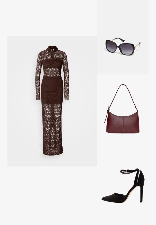 Dlhé priliehavé hnedé čipkované šaty s vysokým golierom, dlhými rukávmi a zložitými kvetinovými vzormi po celej ploche. Obsahujú vrstvené a priehľadné časti.; Čierne zamatové lodičky s špicatou špičkou, remienkom okolo členku a stiletto podpätkom. Dizajn sa vyznačuje hladkou textúrou s minimálnymi detailmi.; Čierne oversized slnečné okuliare s gradientovými sklíčkami, hrubými rámami a zlatým retiazkovým detailom na stranách.; Bordová kožená kabelka s zakriveným tvarom, s jedným ramenným popruhom a prešitými detailmi v strede. Hladký povrch, minimalistické príslušenstvo.