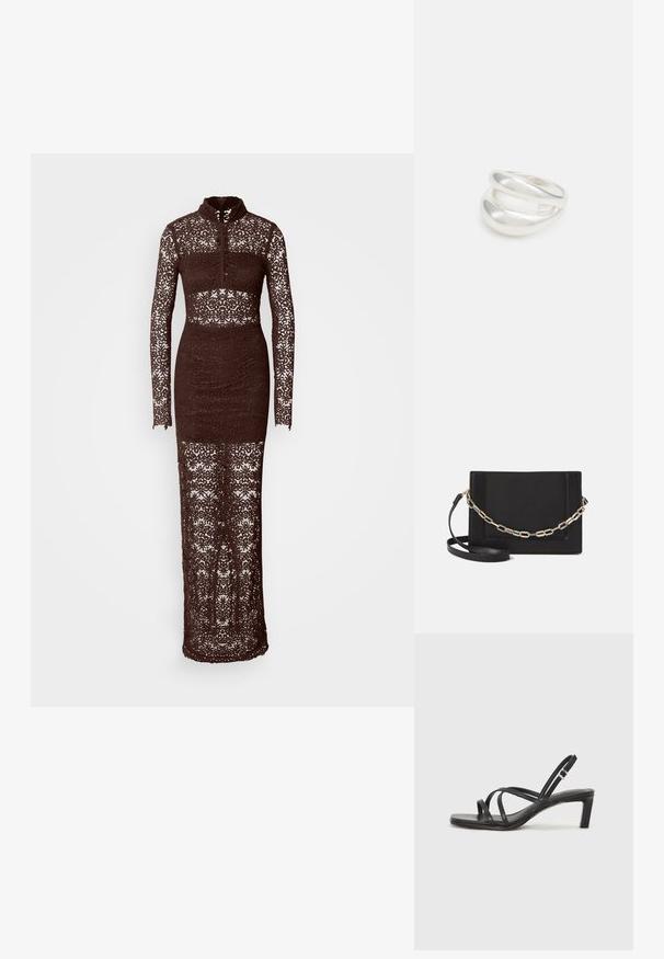 Hnedé čipkované šaty s dlhým rukávom a vysokým golierom, priliehavý strih a zložitými kvetinovými vzormi po celej látke, s priehľadným dizajnom.; Čierne sandále na vysokom podpätku so štvorcovou špičkou a nízkym blokovým podpätkom. Obsahujú viacero tenkých popruhov a nastaviteľný členkový popruh. Vyrobené z hladkej kože.; Čierna kožená crossbody taška s hladkou textúrou, obdĺžnikovým tvarom a kovovým reťazovým detailom na prednej strane. Súčasťou je nastaviteľný popruh.; Strieborný prsteň s dvojitým pásikom s hladkým, lesklým povrchom. Má plynulý, zakrivený dizajn s prekryvajúcimi sa časťami pre moderný vzhľad.