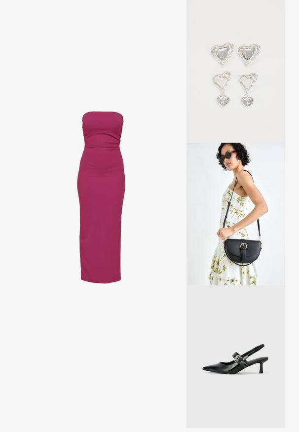 Zúžené, bezramienkové, magentové šaty vyrobené z hladkého materiálu, s lichotivým korzetom a dlhou, rovným sukňou.; Čierne patentové kožené sandále na podpätku so špicatou špičkou a malým blokovým podpätkom, s dekoratívnou striebornou sponou na remienku.; Čierna kožená kabelka s zaobleným tvarom, odnímateľným popruhom a zlatými doplnkami. Kabelka má klopu s detailom s prackou.; Strieborné náušnice v tvare srdca sú zdobené facetovanými čírymi kameňmi s textúrovaným rámom. Sada obsahuje štýly so zapichovaním a visiacich náušníc.