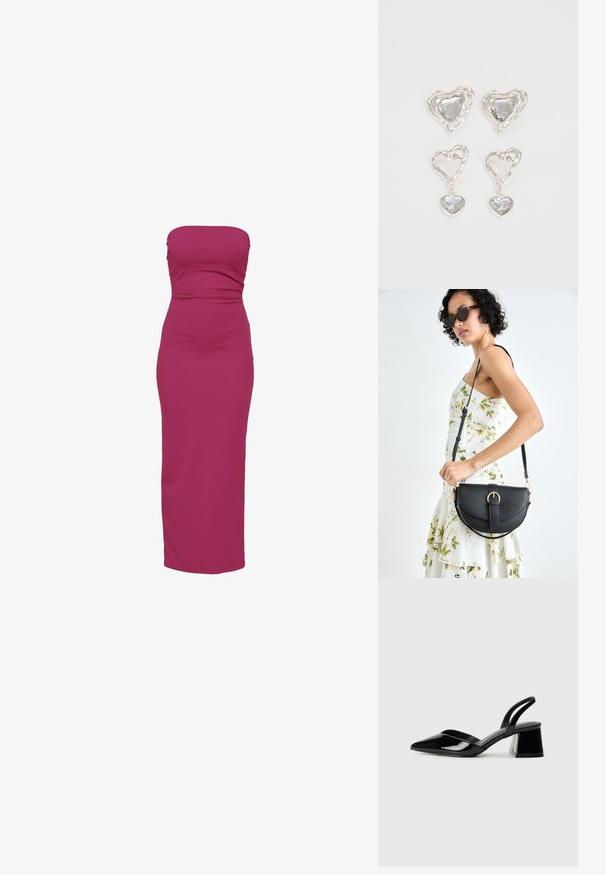 Vestido justo, sem alças, magenta, feito de tecido suave, com um corpete lisonjeiro e uma saia longa e reta.; Sandy em verniz preto com salto slingback, ponta afilada e salto geométrico. Apresenta um design elegante e minimalista com textura suave.; Bolsa de couro preta com forma curva, alça destacável e detalhes em dourado. A bolsa possui uma aba com detalhe de fivela.; Os brincos em forma de coração prateados apresentam pedras claras facetadas, com uma moldura texturizada. O conjunto inclui estilos de botão e de gota.