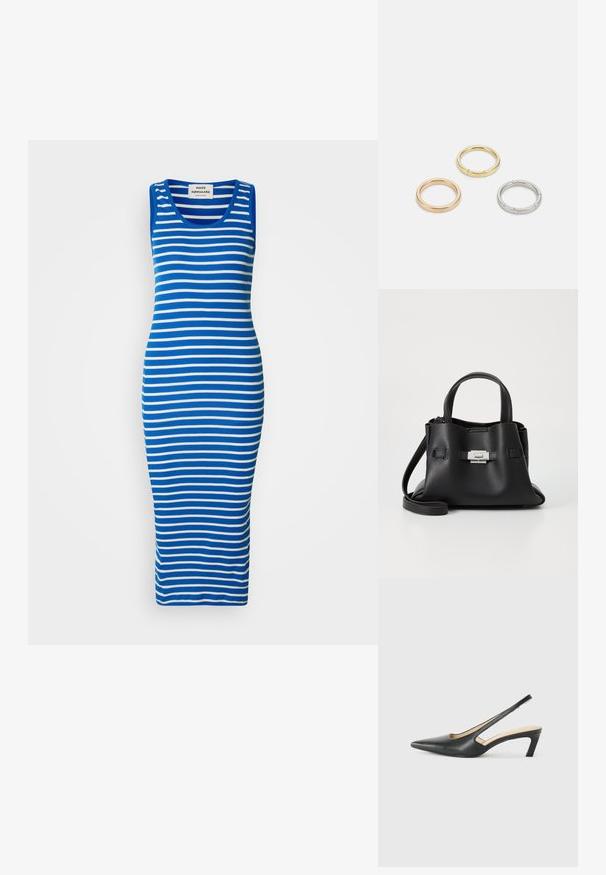 Gestreift in Blau und Weißes Tankkleid in einer figurbetonten Passform. Hergestellt aus einem dehnbaren Stoff mit einem Rundhalsausschnitt und einem langen, geraden Saum.; Schwarzer spitz zulaufender Slingback-Schuh mit niedrigem Absatz, der aus glattem Leder gefertigt ist und seitliche Ausschnitte für Atmungsaktivität aufweist.; Schwarze Ledertasche mit strukturiertem Finish, ausgestattet mit zwei oberen Griffen, einem abnehmbaren Schultergurt und einem silbernen Verschlussdetail.; Drei Metallringe: einer in Roségold, einer aus Gold mit strukturierten Akzenten und einer aus Silber, alle mit graviertem Branding auf dem inneren Band.