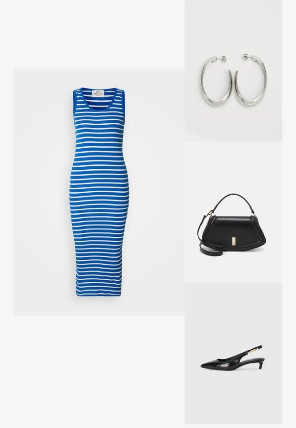 Blauw-wit gestreepte tankjurk in een aansluitend ontwerp. Gemaakt van een rekbare stof met een ronde halslijn en een lange, rechte zoom.; Zwarte leren slingback hakken met een spitse neus, voorzien van een slanke hak en een goudkleurige accent op de verstelbare band. Gladde textuur.; Zwarte leren handtas met een gestructureerd ontwerp, featuring een verkorte vorm, bovenhandvat en gouden hardwareaccent. Inclusief verstelbare schouderband.; Zilveren oorringen met een gladde, gebogen vorm. Voorzien van een glanzende metallic afwerking en studsluiting. Geen zichtbare patronen of accenten.