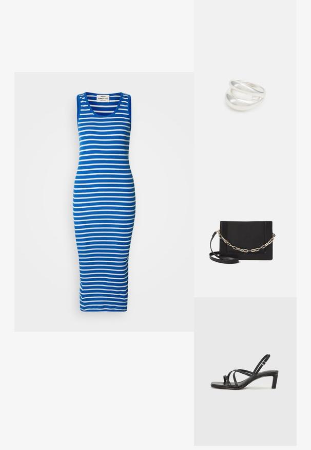 Blue and white striped tank dress in a fitted design. Made from a stretchy fabric with a scoop neckline and a long, straight hem.; Black strappy sandal with a square toe and a low block heel. Features multiple thin straps and an adjustable ankle strap. Made of smooth leather.; Black leather crossbody bag featuring a smooth texture, rectangular shape, and a metallic chain detail on the front. Adjustable strap included.; Silver double-band ring with a smooth, polished surface. Features a fluid, curved design with overlapping sections for a modern look.