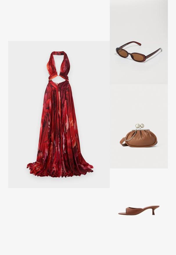Rotes Blumenkleid mit Halterneck, plissiertem Stoff, Ausschnitt in der Taille, Schlitzdetail und fließendem Rock. Zeigt lebhafte Rosenmuster.; Braune offene Absatzmules mit glatter, matter Oberfläche, die ein geschwungenes Design und einen transparenten, verjüngten Absatz aufweisen.; Runde, braun getönte Sonnenbrillen mit einem glänzenden burgunderfarbenen Rahmen. Schlanke Bügel mit dezentem Branding. Flaches Linsendesign.; Braune Leder-Clutch mit silbernem Kugelverschluss und einem kleinen silbernen Kettendetail auf weißem Hintergrund.