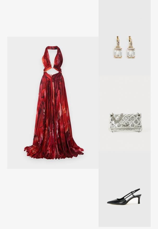 Punane lilleline halterkleit volditud kangaga, lõikega vöökohal, avaga seljal ja voolava seelikuosa. Omab elavaid rooside mustreid.; Mustmust paelad, millel on terav varvas, tekstuuriga maduprindiga, reguleeritav rihm ja lühike tekstuuriga plokknina.; Hõbedane metallist käekott ahelakäepidemega, koos tepitud tekstuuri, dekoratiivse õmbluse ja lukuga. Esiküljel on embosseeritud aktsendid.; Kuldtooni kõrvarõngad, millel on ristkülikukujuline, selge kristall, mis ripub allapoole väikeste ümmarguste selgete aktsentide rida. Viimistletud, kaasaegne disain.