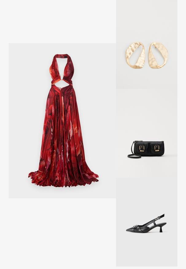 Punane lilleline halterkleit volditud kangaga, lõikega vöökohal, avaga seljal ja voolava seelikuosa. Omab elavaid rooside mustreid.; Must must have must toote tõmblukuga, dekoratiivsed rihmad metallist silmadega ja madal blokk-kand. Tekstureeritud pind.; Must küllastamata nahast õlakott, millel on kaks esist nähtavat taskut, kuldsed pandlad, tõmblukuga sulgemine ja peen rihm. Tekstuuriga pind ja kompaktne ristkülikukujuline kuju.; Eba paar eba ebaorditud ovaalkujulisi kuldehhe kaal setertu, kerge keersuju pinnaga valgel taustal.