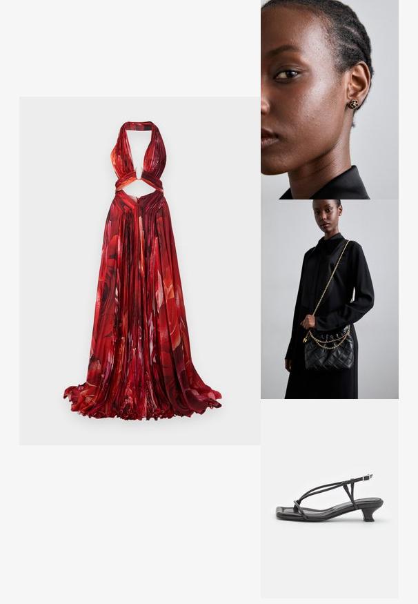 Czerwona kwiecista sukienka na ramiączkach z plisowanym materiałem, wycięciem w talii, detalem w kształcie dziurki oraz zwiewnym dołem. Posiada wyraziste wzory róż.; Czarne skórzane sandały z cienkimi paskami, niskim blokowym obcasem i kwadratowym noskiem. Posiadają zapięcie na klamrę i gładką teksturę.; Czarna pikowana skórzana torebka z marszczonym topem, złotym łańcuchem oraz prostokątnym kształtem, trzymana na jednolitym tle.; Złote kolczyki w kształcie kwiatu posiadają teksturowane czarne centrum i delikatne detale. Skóra modelki o przejrzystej cerze oraz splecione włosy są widoczne w profilu.