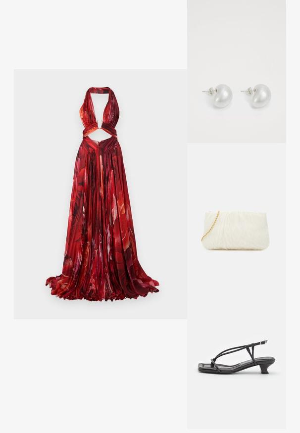 Punane lilleline halterkleit volditud kangaga, lõikega vöökohal, avaga seljal ja voolava seelikuosa. Omab elavaid rooside mustreid.; Must must sandaalid, millel on õhukesed rihmad, madal plokknina ja ruudukujuline varvas. Omab kinnitust nahkel ja sile pind.; Valge tekstuuriga käekotike, millel on volditud disain ja kuldne ahel. Sile viimistlus peente lainetega ja ümarate servadega.; Hõbedased pärli kõrvarõngad, millel on kumer oas kuju. Sile, läikiv pind, kinnitatud postiga ja tagumise sulguri abil.