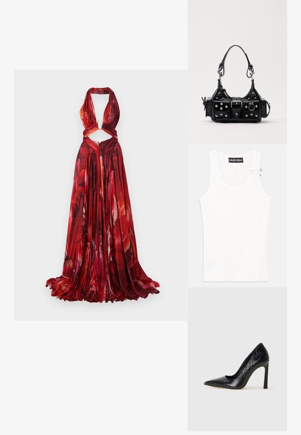 Raudona gėlių halterio suknelė su klostuotu audiniu, išpjovimu liemens vietoje, rakto skylutės detale ir vėjingu sijonu. Pabrėžia ryškias rožių formas.; Balta raibuotas marškinėliai be rankovių su apvalia iškirpte ir metaliniu akcentu ant peties. Minkšta tekstūra, prigludęs dizainas ir be rankovių stilius.; Juoda smailiakulnė aukšto kulno bateliai su krokodilo odos tekstūra, pasižymintys elegantišku dizainu, aukštu stiletu kulnu ir lygia juoda vidine dalimi.; Juodas odinis rankinukas su kreiviu dizainu, su sidabro spalvos knopkėmis, užsegimu ir dviem šoninėmis kišenėmis. Reguliuojama dirželis nešimui.