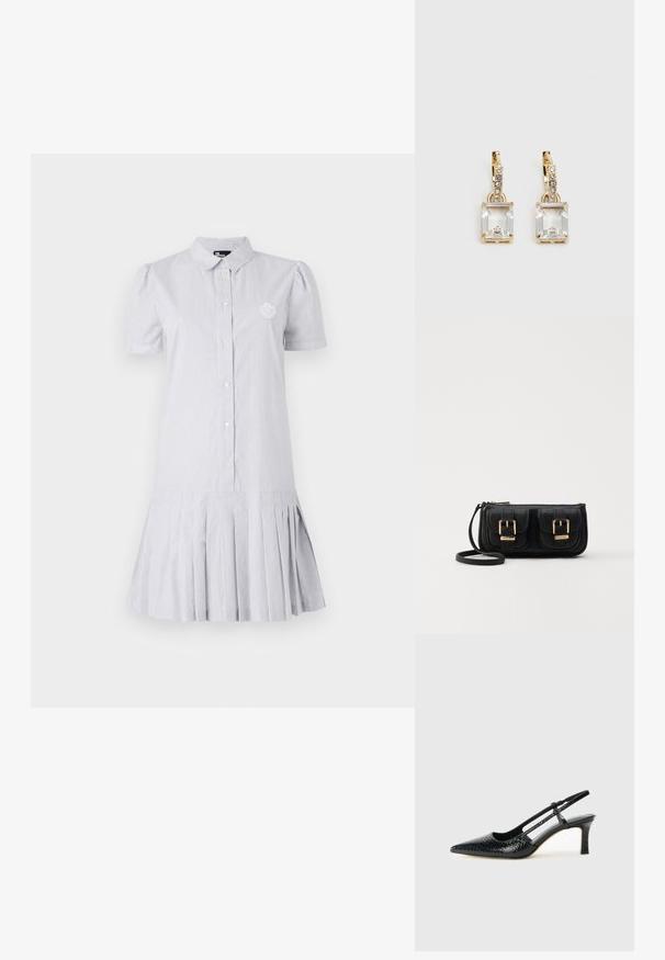 Vestido camisola riscado em azul claro e branco, com mangas curtas em balão, fecho de botão na frente e bainha plissada. Apresenta um pequeno logótipo bordado no peito.; Salto slingback em patente preta com bico apontado, apresentando um padrão de pele de cobra texturizado, tira ajustável e um salto bloco curto e texturizado.; Bolsa de ombro em couro preto com dois bolsos frontais, fivelas douradas, fecho de zíper e uma alça fina. Superfície texturizada e forma retangular compacta.; Brincos em tom de ouro com um cristal retangular claro pendurado abaixo de uma linha de pequenos acentos redondos claros. Design elegante e moderno.