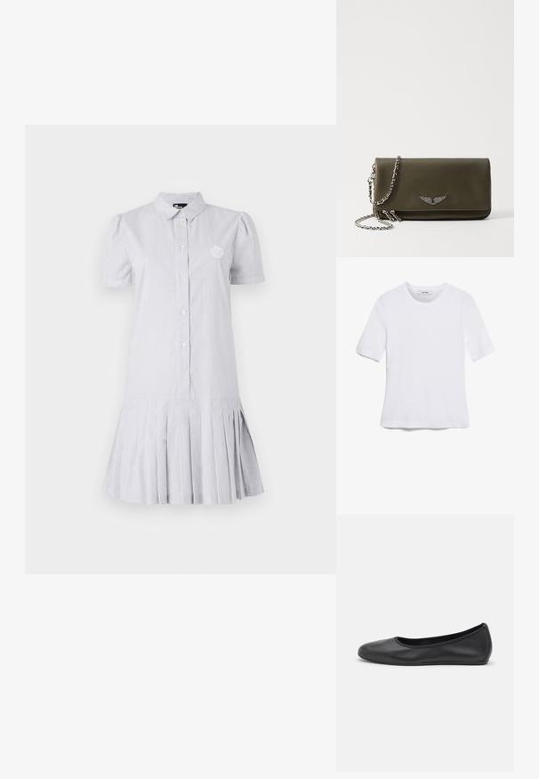 Gestreiftes Hemdkleid in Hellblau und Weiß, kurze Puffärmel, Knopfverschluss vorne und gefälteter Saum. Verfügt über ein kleines gesticktes Logo auf der Brust.; Weißes kurzärmliges T-Shirt aus geripptem Stoff. Runder Halsausschnitt, normale Passform und dezente Nähte. Keine Muster oder Grafiken.; Schwarze Leder-Ballettschuhe mit abgerundeter Spitze, glatter Textur, minimalen Nähdetails und einem flexiblen Sohlen-Design.; Olivgrüne Leder-Clutch mit einem metallischen Flügelakzent, ausgestattet mit einem Kettenriemen und einem Reißverschluss, glatter Textur und rechteckiger Form.