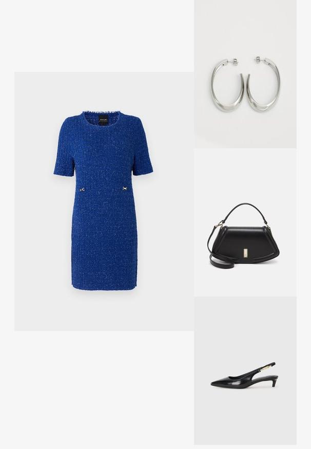 Kurzärmliges, knielanges blaues Kleid aus strukturiertem Stoff mit goldenen Akzenten an der Taille und einem runden Halsauschnitt.; Schwarze Leder-Slingback-Pumps mit spitzem Schuhblatt, ausgestattet mit einem schlanken Absatz und einem goldfarbigen Akzent am verstellbaren Riemen. Glatte Textur.; Schwarze Lederhandtasche mit einem strukturierten Design, das eine verkürzte Form, einen oberen Griff und goldfarbene Hardware-Details aufweist. Verstellbarer Schulterriemen ist enthalten.; Silberne Creolen mit einem glatten, geschwungenen Design. Mit einem glänzenden metallischen Finish und Steckverschluss. Keine sichtbaren Muster oder Akzente.