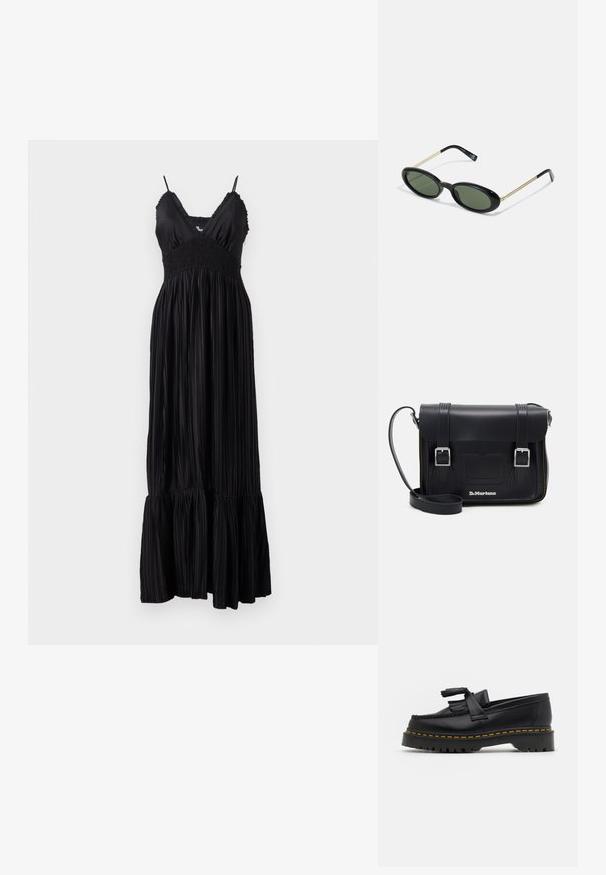 Robe maxi noire avec des bretelles spaghetti ajustables, présentant un bodice smocké et un tissu plissé, terminé par un ourlet froncé.; Mocassin en cuir noir avec un accent à frange, doté d'une semelle épaisse noire et d'une couture jaune le long du bord. Fini texturé.; Lunettes de soleil en forme ovale avec des verres verts, une monture en plastique noir et des branches en métal doré fines. Présente un design minimaliste avec une texture lisse.; Sac messager en cuir noir avec des boucles en argent, des surpiqûres jaunes, une sangle réglable et une poche avant. Logo de la marque affiché sur le devant.