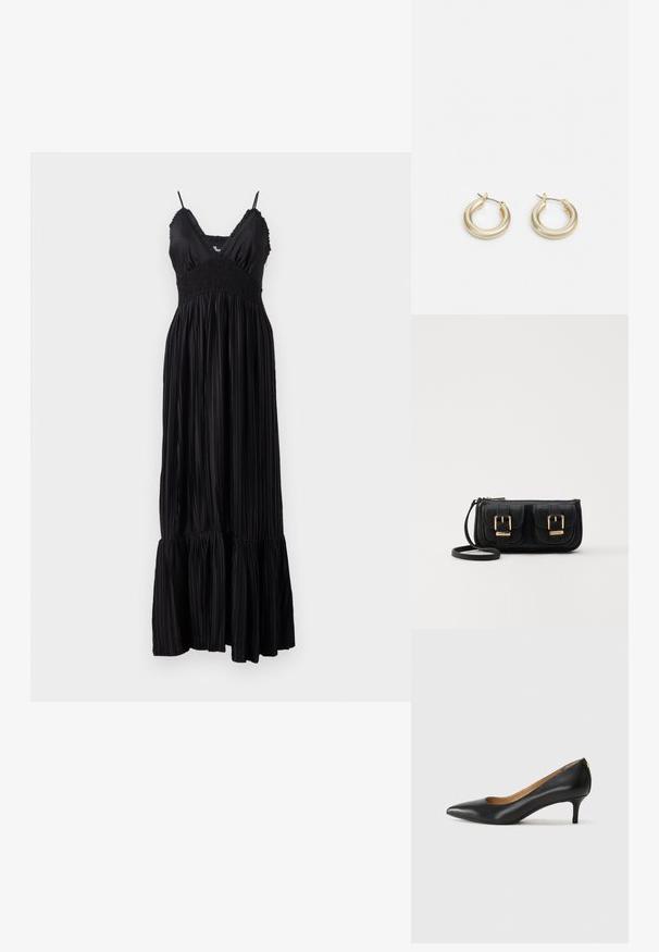 Juodos spalvos maksi suknelė su reguliuojamomis siūlėmis, pasipuošusi smulkintu kūnu ir klostuota medžiaga, baigta volaniniu kraštu.; Juodos odinės aukštakulnės bateliai su smailiu nosiu, žemu kulnu ir lygiu paviršiumi. Priekyje yra nedidelis atvirumas, o gale minimalus apdaila.; Juodas odinis per petį nešiojamas krepšys su dviem priekiniais kišenėmis, auksiniais sagtimis, užtrauktuko uždarymu ir siauromis petnešomis. Textūruota paviršius ir kompaktiškas stačiakampis formatas.; Lauren Ralph Lauren BASIC SMALL HOOP - Auskarai - gold-coloured