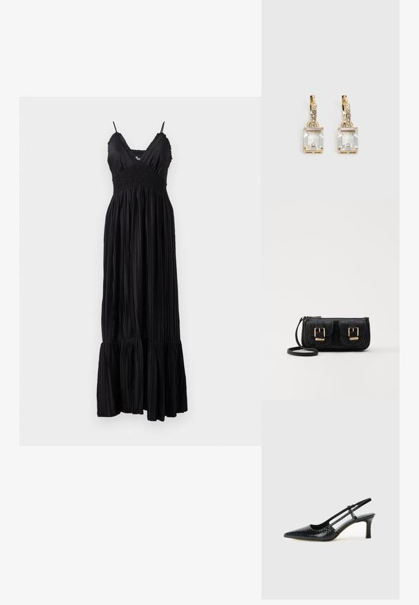 Czarna maxi sukienka z regulowanymi ramiączkami, z marszczonym stanikiem i plisowanym materiałem, wykończona falbaną u dołu.; Czarne lakierowane czółenka na obcasie typu slingback z wąskim noskiem, z teksturowanym wzorem wężowym, regulowanym paskiem oraz krótkim, teksturowanym obcasem w kształcie słupka.; Czarna skórzana torba na ramię z dwoma przednimi kieszeniami, złotymi klamrami, zamkiem błyskawicznym i cienkim paskiem. Teksturowana powierzchnia i kompaktowy prostokątny kształt.; Złote kolczyki z prostokątnym, przezroczystym kryształem zwisającym poniżej rzędu małych, okrągłych, przezroczystych akcentów. Elegancki, nowoczesny design.