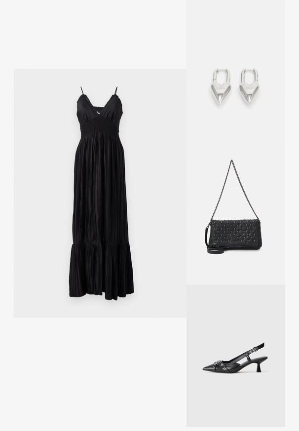 Robe maxi noire avec des bretelles spaghetti ajustables, présentant un bodice smocké et un tissu plissé, terminé par un ourlet froncé.; Chaussure slingback en cuir noir avec un bout pointu, des sangles décoratives avec œillets en métal et un petit talon carré. Surface texturée.; Sac en cuir matelassé noir avec une bandoulière en chaîne, comportant des accents de crâne et une fermeture éclair. Surface texturée avec une finition brillante.; Cadenas en forme de cœur en argent avec les inscriptions gravées "OUI" et "NON", finition polie, design symétrique et un robuste fermoir en métal.