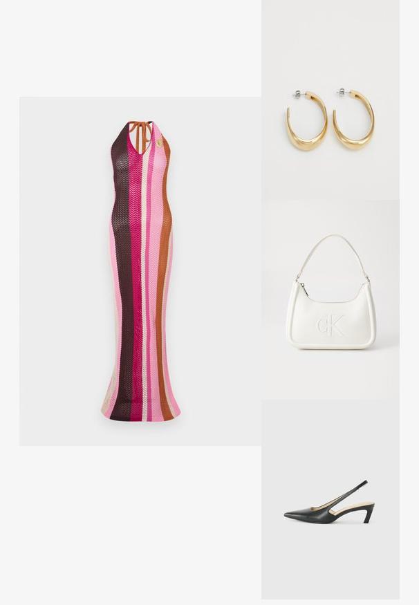 Flerfarget strikket kjole med vertikale striper i rosa, brun og krem. Halterneck med knytedetalj og en tettsittende silhuett.; Svart spiss tå slingback-sko med lav hæl, laget av jevnt skinnmateriale og med utskåret design på siden for pusteevne.; Hvit lærveske med en buet fasong, med et preget "CK"-logo på forsiden og en enkel skulderstropp. Glidelåslukking på toppen.; Gullfargede hoop øredobber med en glatt, buet design. Laget av metall, med en elegant finish og bakfeste.