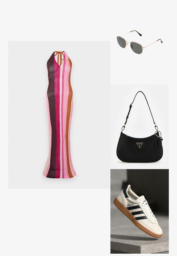 Daugiatonių mezginių suknelė, kurią puošia vertikalios juostelės rožinės, rudos ir kreminės spalvos. Suknelė turi halter rankovių iškirptę su užrišamu akcentu ir prigludusią siluetą.; Baltos odinės sportinės bateliai su tamsiai mėlynomis juostelėmis, guminis padas, tekstūruotas viršus, apvalus nosis ir šnervės; turi prekės ženklą šone ir ant liežuvėlio.; Auksiniai metaliniai akiniai nuo saulės su tamsiai žaliomis lęšiais, aviator tipo, su siaurais rėmeliais ir kilpiniu akmeniu ant galiukų.; Juodas sintetinės medžiagos petinės rankinės su lenkta siluetu, tekstūruota apdaila, auksiniu trikampiu logotipu ir nuimamais aksesuarais.