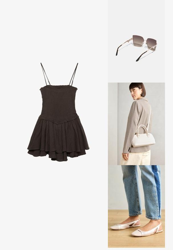 Abito nero senza maniche con corpetto aderente, texture arricciata e una gonna svasata a strati con orlo arricciato.; Ballerine slingback rosa pallido con punta affusolata, realizzate in un materiale simile alla pelle liscio. Presentano dettagli a taglio sui lati e un tacco piatto.; Occhiali da sole con montatura metallica oro rosa, lenti angolari sfumate da marrone scuro a chiaro e motivo tartaruga sulle aste.; Borsa a mano bianca strutturata con manici corti e tracolla, dotata di dettagli in metallo dorato e materiale testurizzato, esposta su uno sfondo grigio.