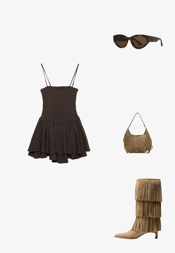 Čierne šatové šaty bez rukávov s priliehavým korzetom, zberanou textúrou a rozšírenou, viacvrstvovou sukňou so volánovým okrajom.; Krajkové členkové topánky z hnedej semišovej kože s tromi vrstvami franje. Špicatá špička a nízky blokový podpätok. Hladká štruktúra po celej ploche.; Mačacie slnečné okuliare v štýle tortoiseshell s hnedými šošovkami, s hladkými, lesklými plastovými rámami a elegantným dizajnom. Žiadne viditeľné logá ani akcenty.; Hnedá zamková kabelka s dlhými strapcami, zakriveným tvarom a jedným ramenným popruhom. Má hladký, textúrovaný povrch.