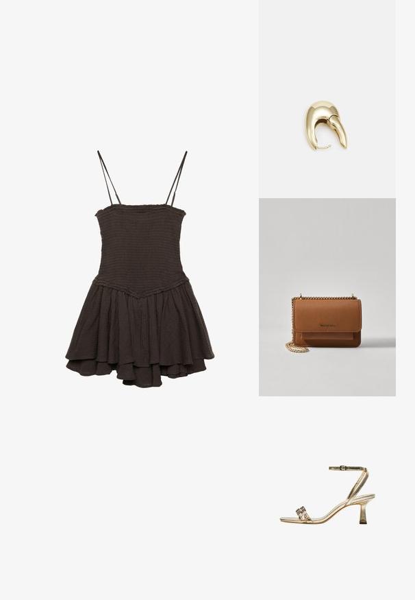 Svart ärmlös klänning med en åtsittande korsettdel, samlad textur och en utsvängd, lager-på-lager kjol med en volangkant.; Gyllene metallisk högklackad sandal med ankelrem, två smala framband och en klack av blocktyp. Har dekorativa utsmyckningar.; Brun texturerad läder crossbody-väska med guldkedja och klaffstängning. Framsidan har logotypdetalj och en ficka under klaffen.; Örhänge i guldtonad metall med en elegant, böjd design. Har en distinkt spetsig form, polerad yta och gångjärnslås.
