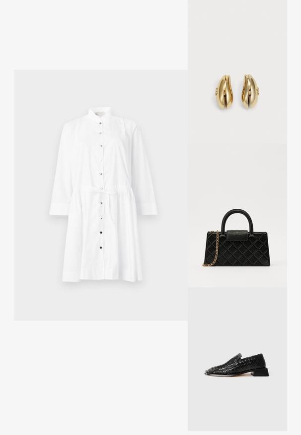 White button-up dress featuring a mandarin collar, long sleeves, cinched waist with a tie, and contrasting black buttons along the front.; Black leather woven slip-on shoe with low block heel and scalloped edge detail, displayed on a white background.; Black handbag made of textured leather, featuring a diamond pattern, gold-tone chain strap, and a top handle with a logo-embossed flap closure.; Gold-tone earrings with a flowing, curved design. Each earring features a smooth surface and a small clasp with a decorative detail.; Gold-tone earrings with a flowing, curved design. Each earring features a smooth surface and a small clasp with a decorative detail.