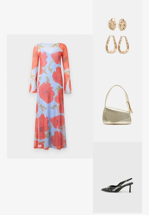 Vestido de manga longa em tecido transparente com fundo azul claro e estampado de flores de papoila vermelhas vibrantes, apresentando detalhes em folha dourada.; Sapato slingback preto em pele patentada com bico apontado, tiras no tornozelo apresentando fivelas e acessórios prateados, e um salto elegante.; Bolsa de mão metálica dourada com um design estruturado, textura suave e alça ajustável. Apresenta uma forma triangular única e costura minimalista.; Brincos em tom de ouro com formas onduladas e texturizadas. Inclui studs escultóricos com presilha e um design de argola aberta com um acabamento martelado.